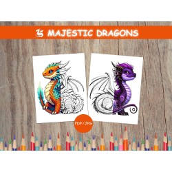 Pages à colorier pour enfants DRAGONS MAJESTUEUX Coloriage dragon 12 feuilles à colorier imprimables Coloriage pdf Cadeau