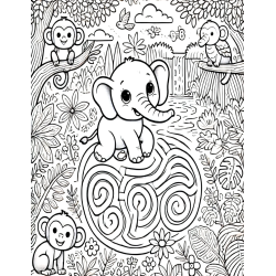 Coloriage labyrinthe éléphant singe jungle