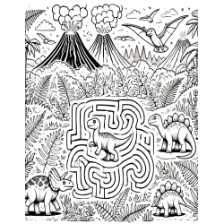 Coloriage labyrinthe Dinosaure Volcan