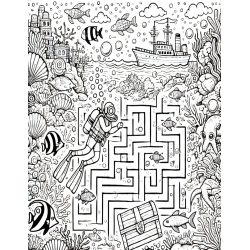 Coloriage labyrinthe Plongeur Trésor