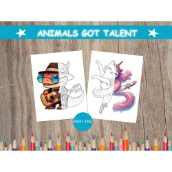 Coloriage ANIMAUX ARTISTES TALENT dinosaure chat