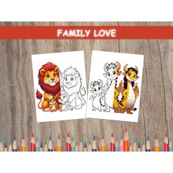 Coloriage ANIMAUX AMOUR DE FAMILLE lion dragon
