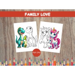 Pages à colorier pour enfants AMOUR DE FAMILLE ensemble Coloriage animaux kawaii 12 feuilles à colorier imprimables Pdf Cadeau