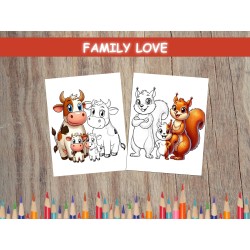 Coloriage ANIMAUX AMOUR DE FAMILLE vache écureuil